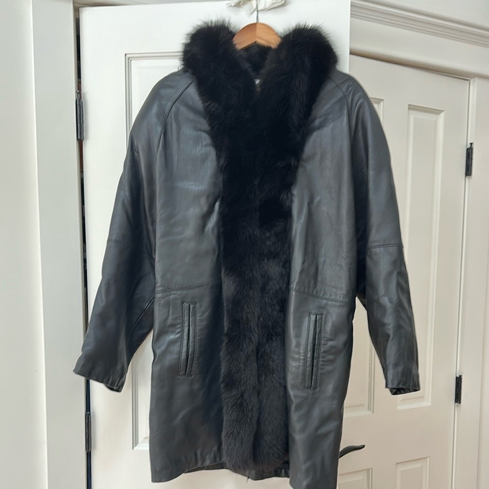 Saga Furs Black Leather Jacket with Luxurious Fox Fur Trim